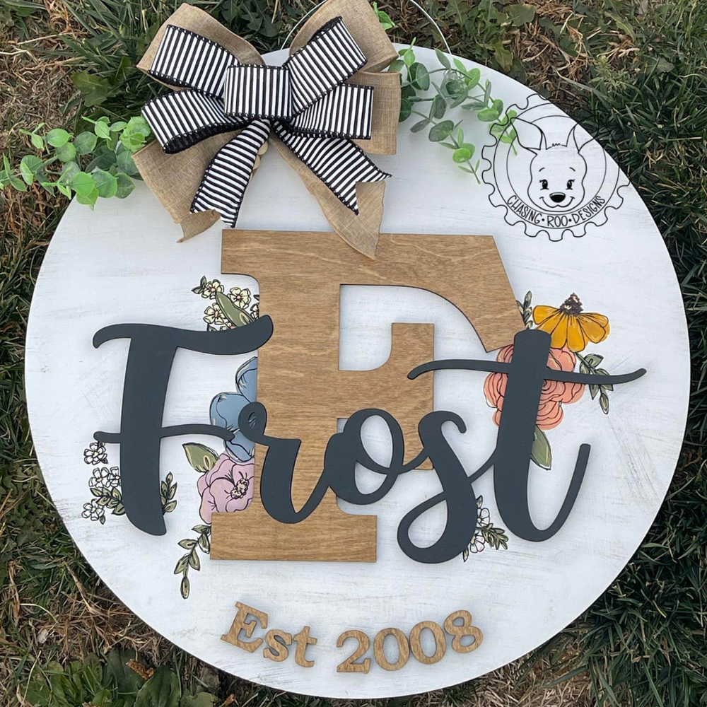 Painted Custom Name Round - Floral Round - Last Name Sign - Door Wreath