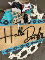 
              Hello Darlin Western Door Hanger - Cow Print - Door Decor - Southwest - Rustic Sign
            
