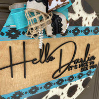 Hello Darlin Western Door Hanger - Cow Print - Door Decor - Southwest - Rustic Sign